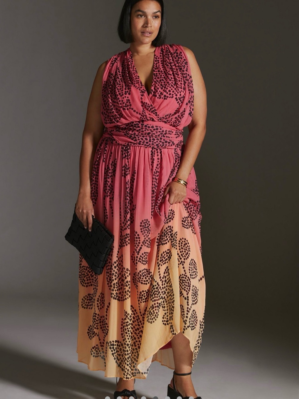 Anthropologie Sleeveless Pink Ombre Maxi Dress Black Dot Leaf Print 3x NWT